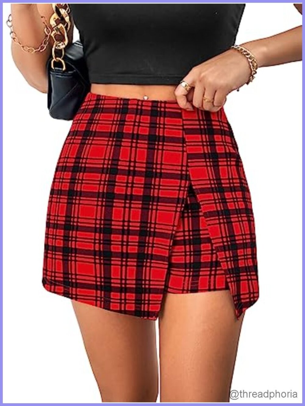 High Waisted Gingham Plaid Split Hem Mini Skorts